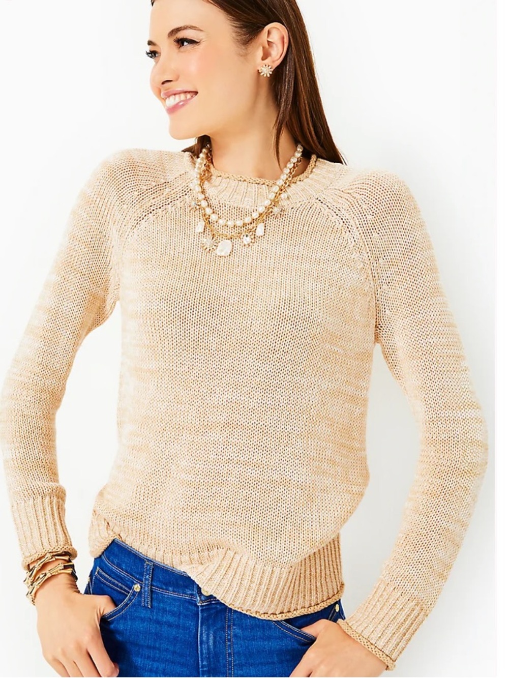 Lilly Pulitzer Deba Sweater Roll Neck Cotton Wicker Tan Marl XL